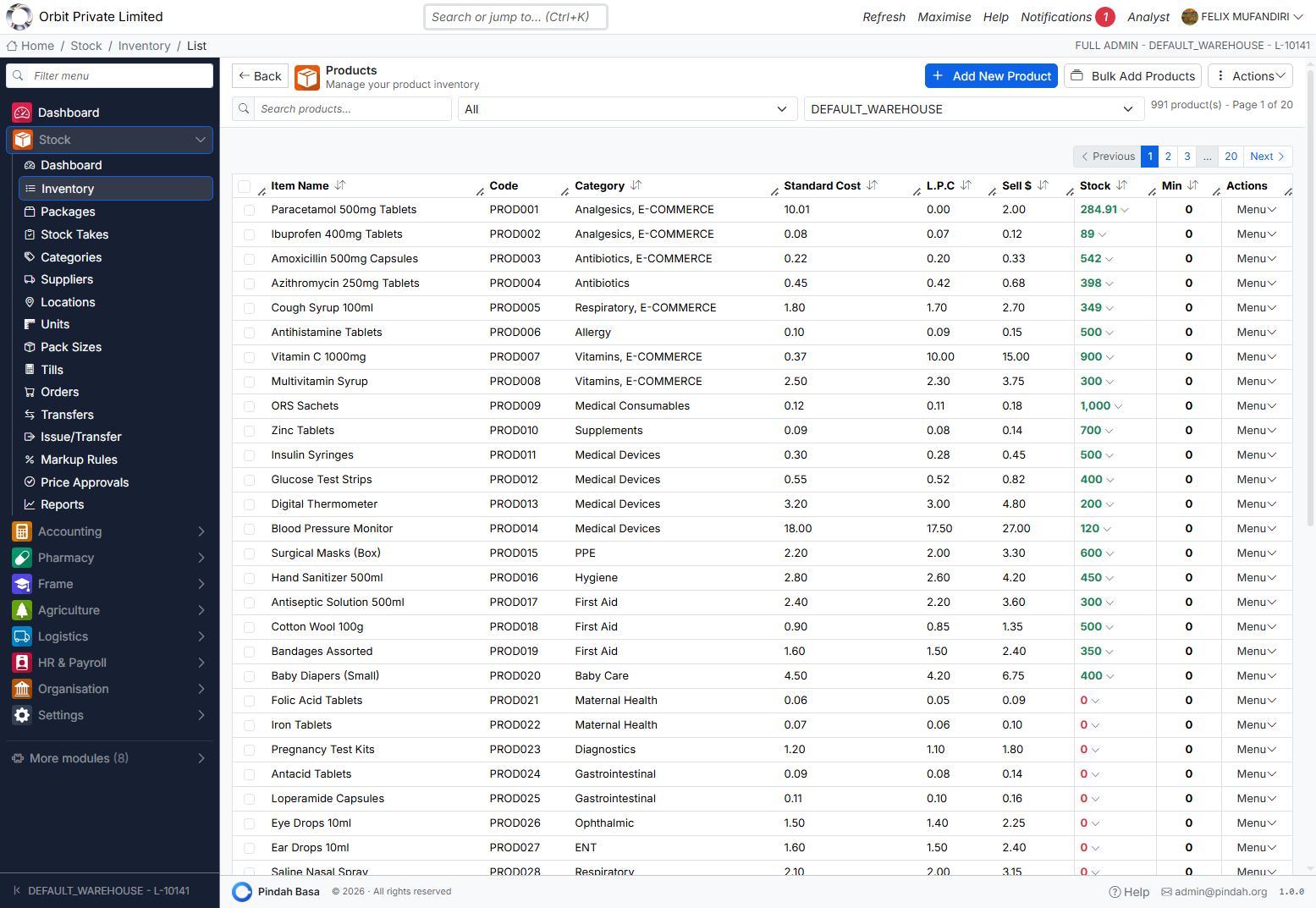 Screenshot: Product inventory list