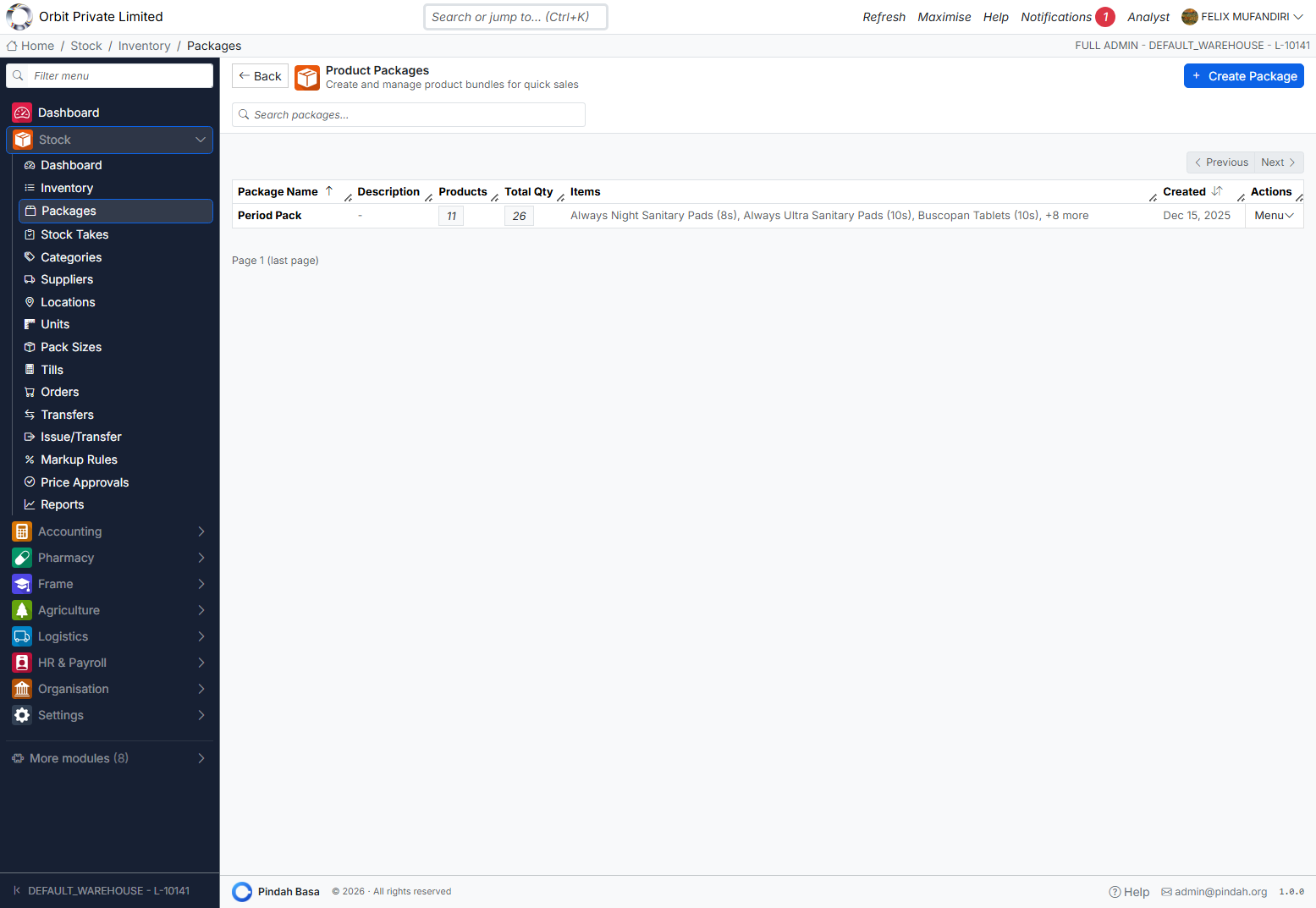 Screenshot: Product packages