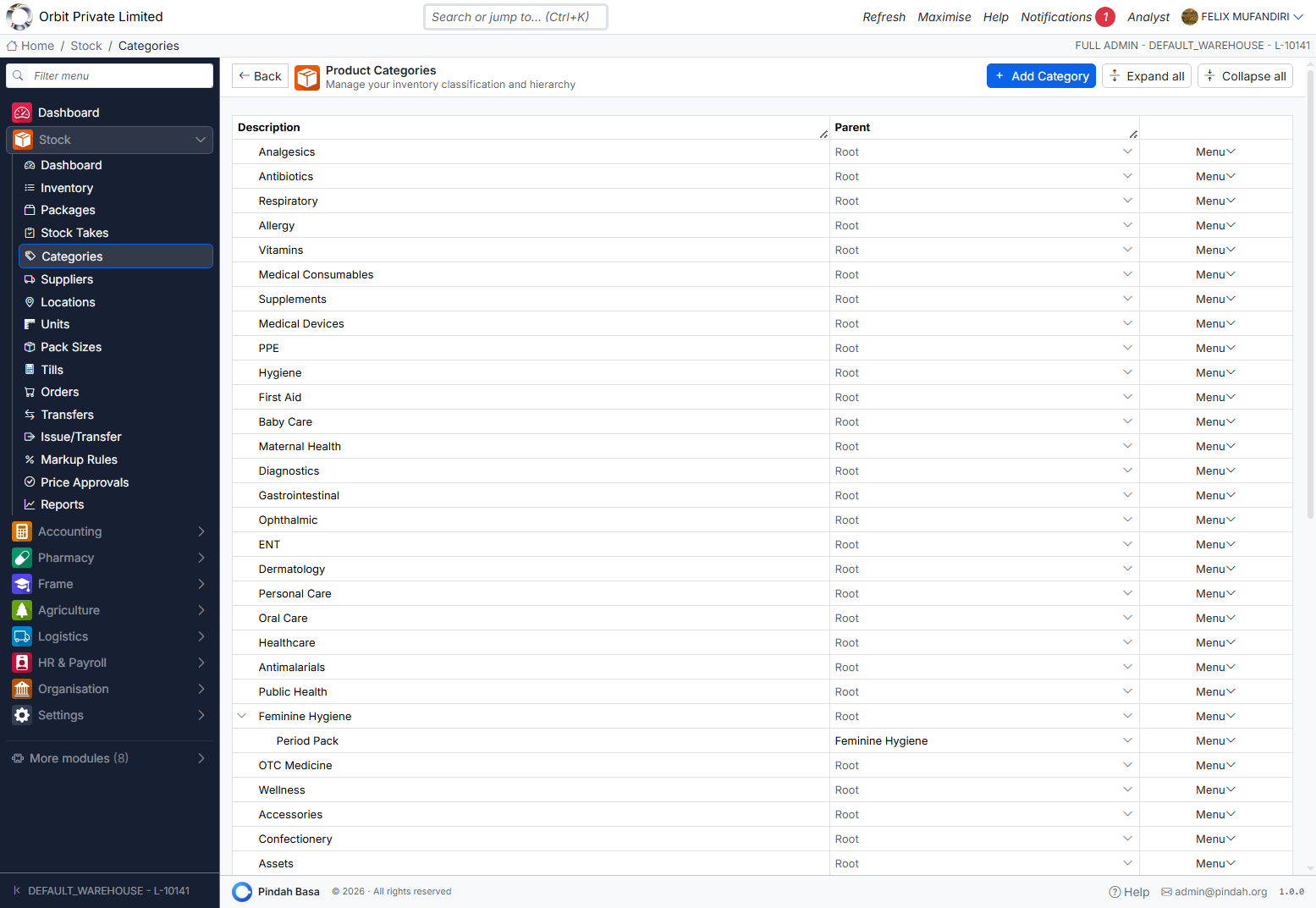 Screenshot: Product categories