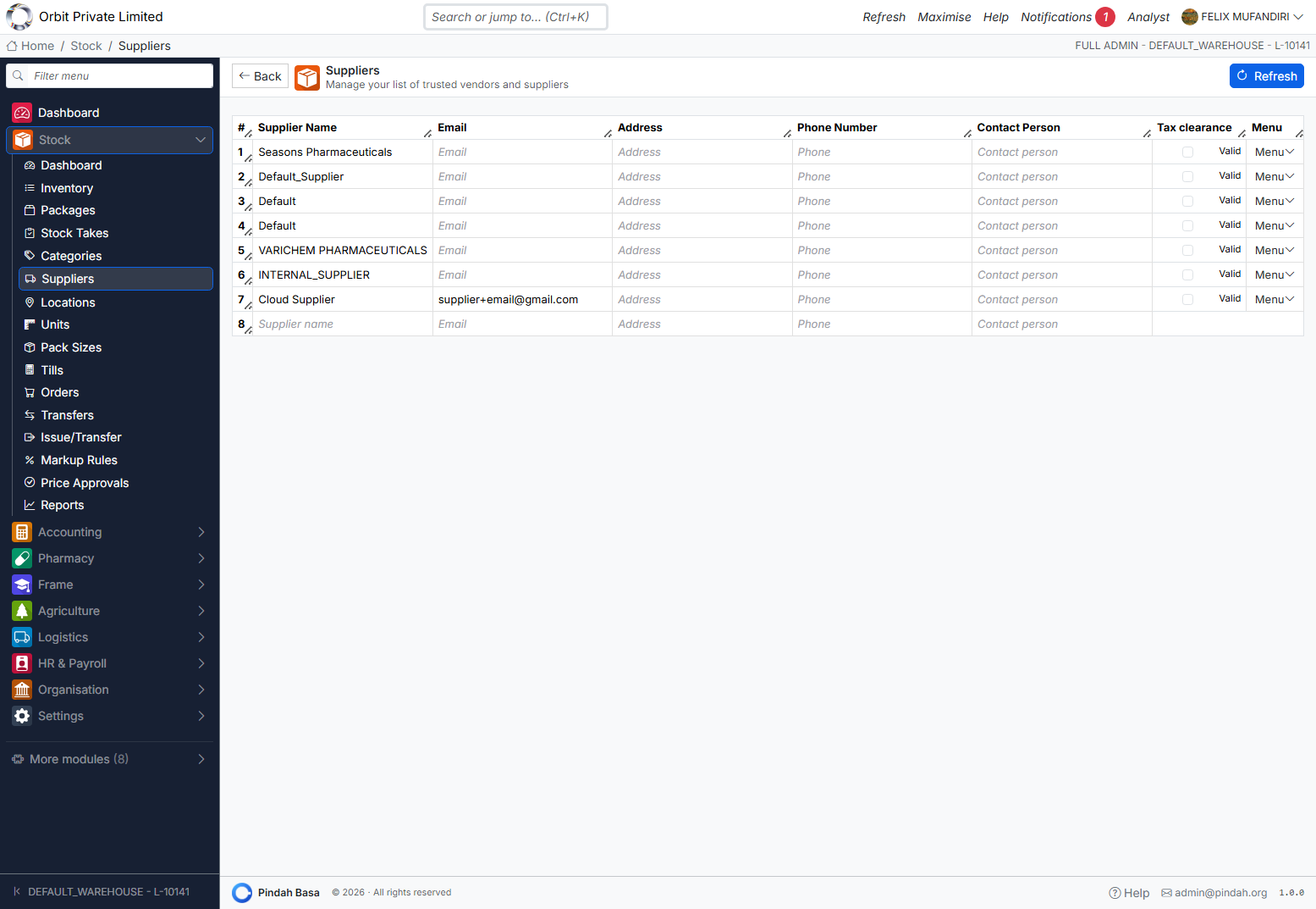 Screenshot: Suppliers