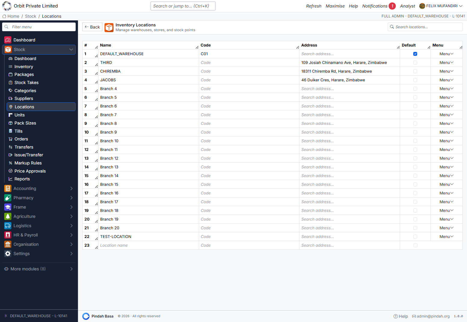 Screenshot: Inventory locations
