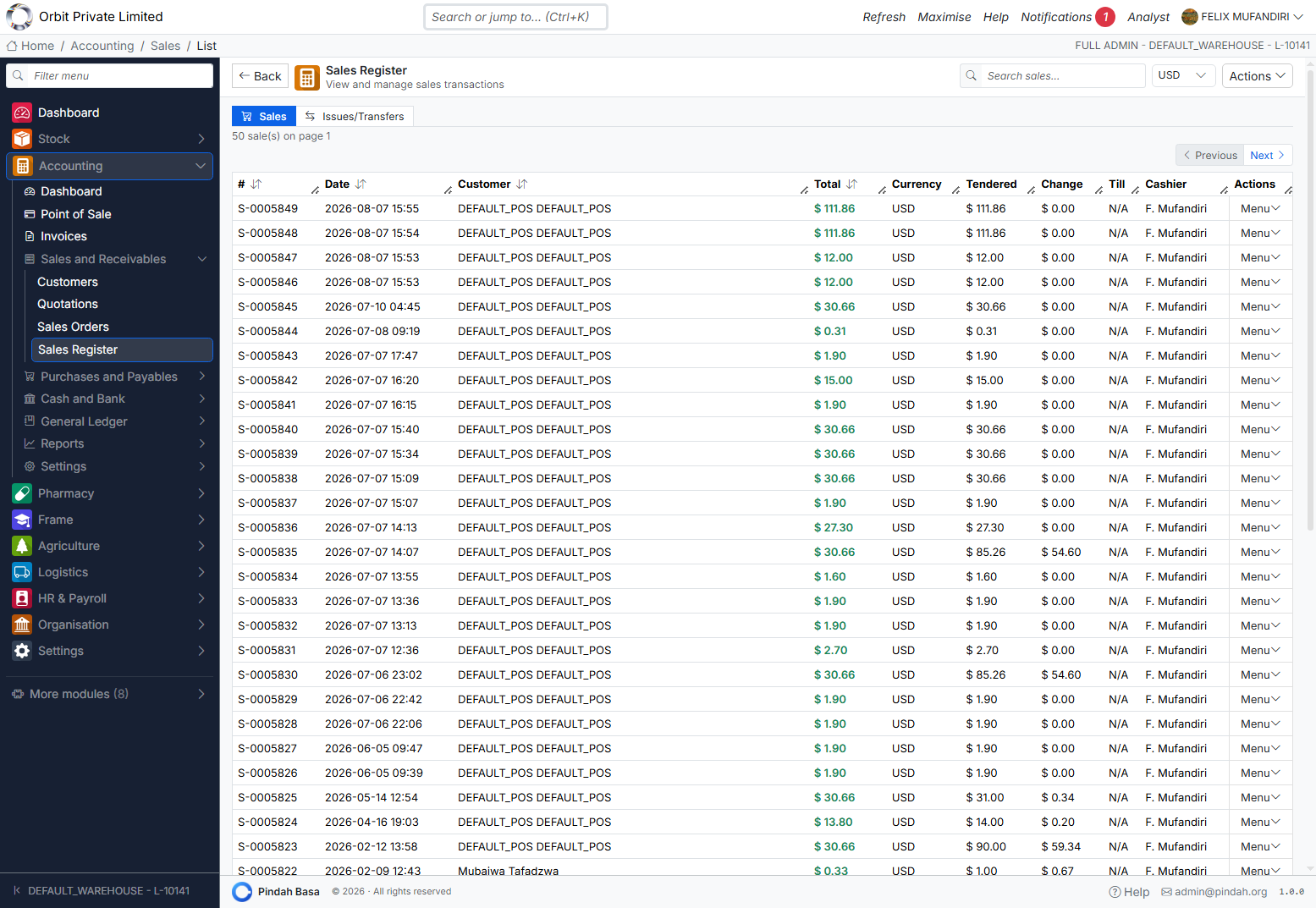Screenshot: Sales register