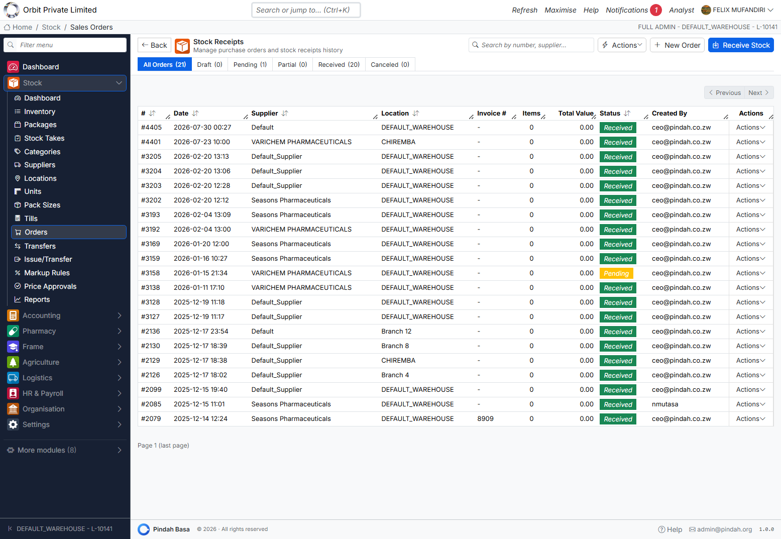 Screenshot: Stock receipts
