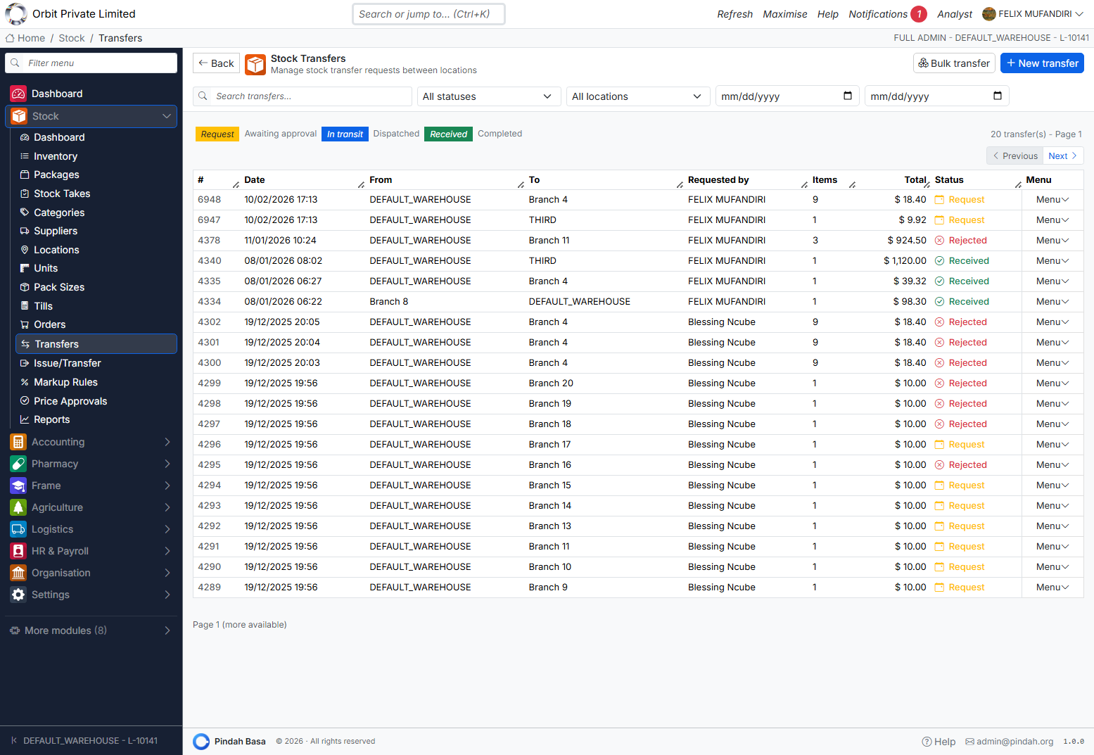 Screenshot: Stock transfers
