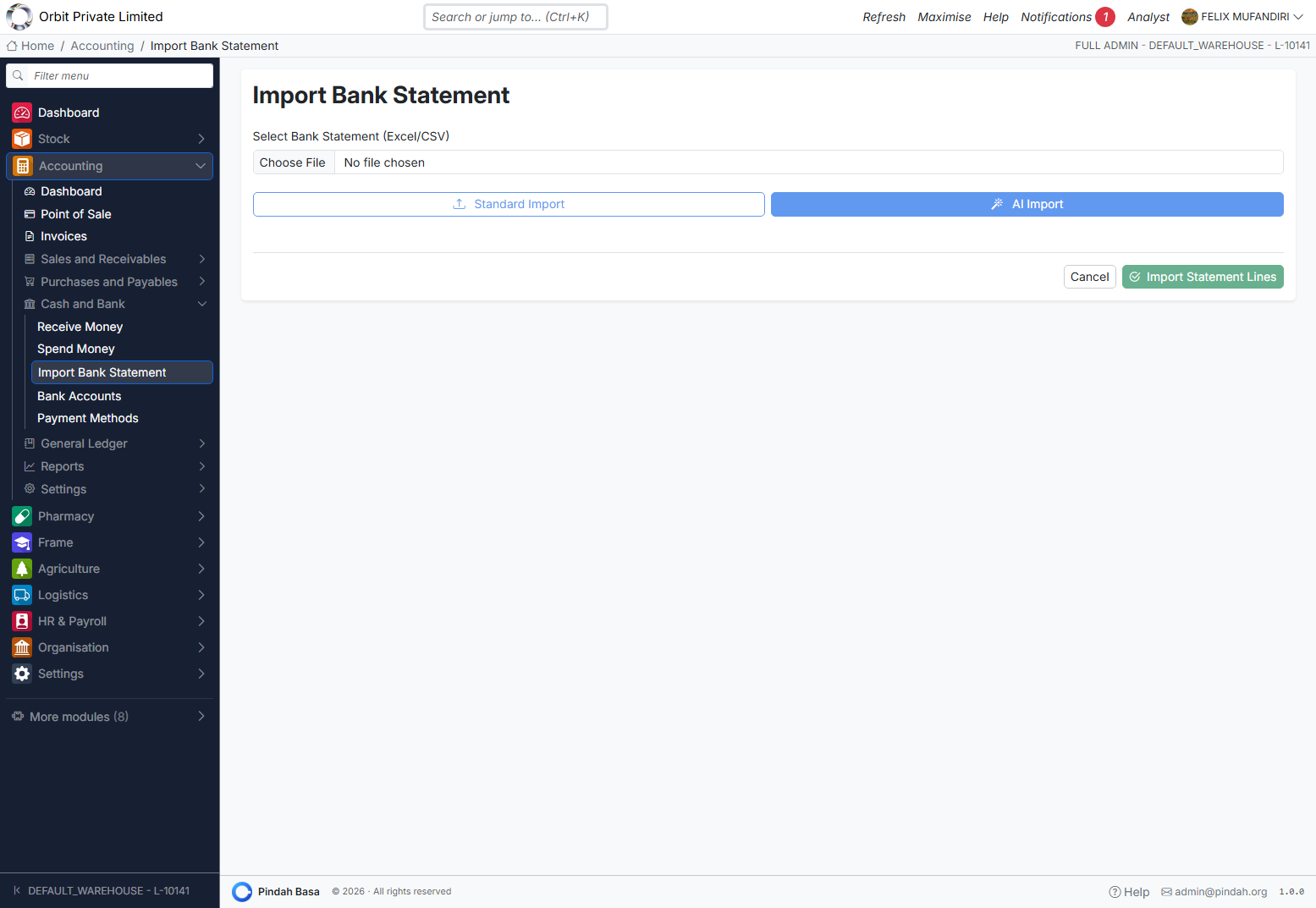 Screenshot: Import bank statement