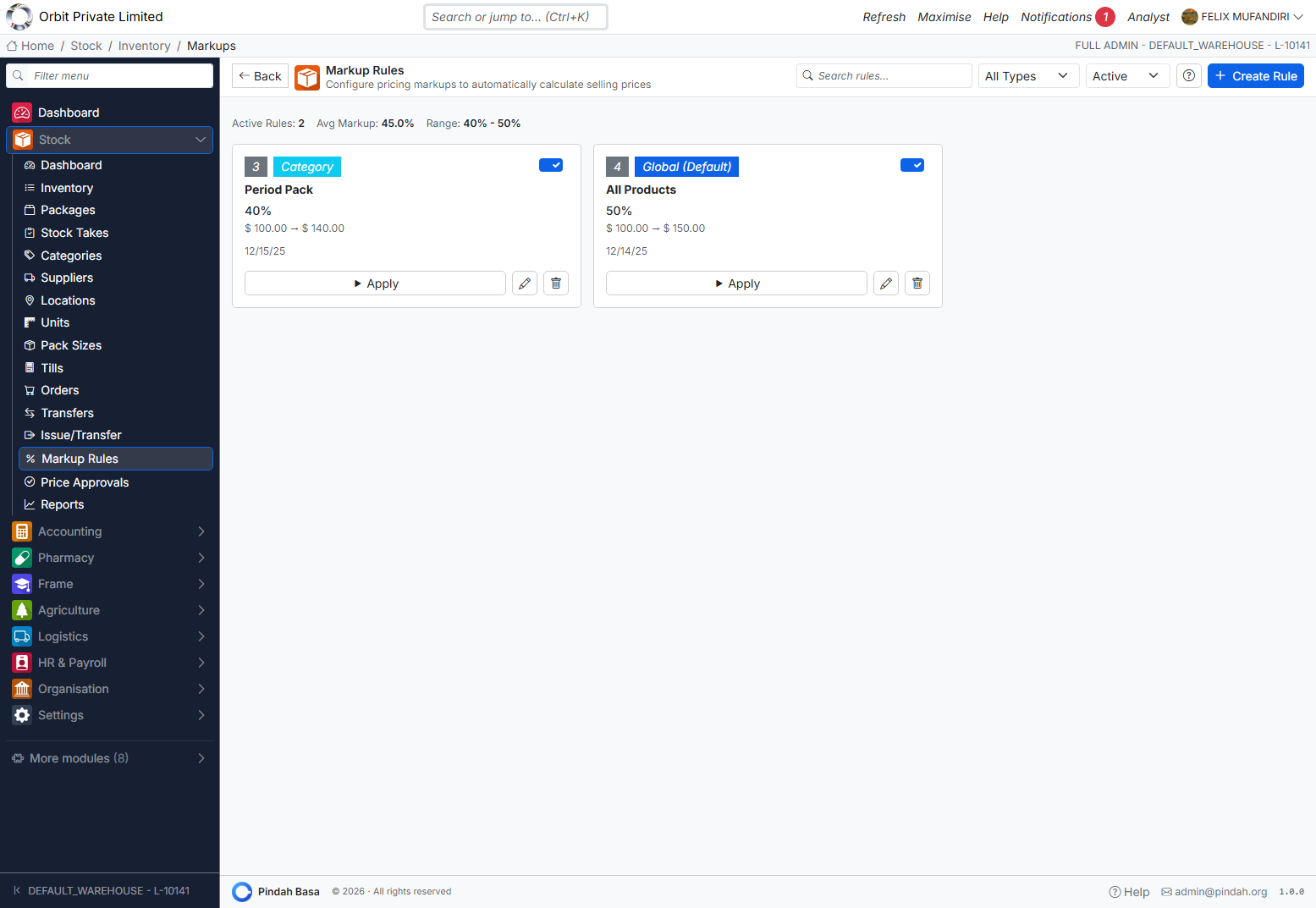 Screenshot: Markup rules