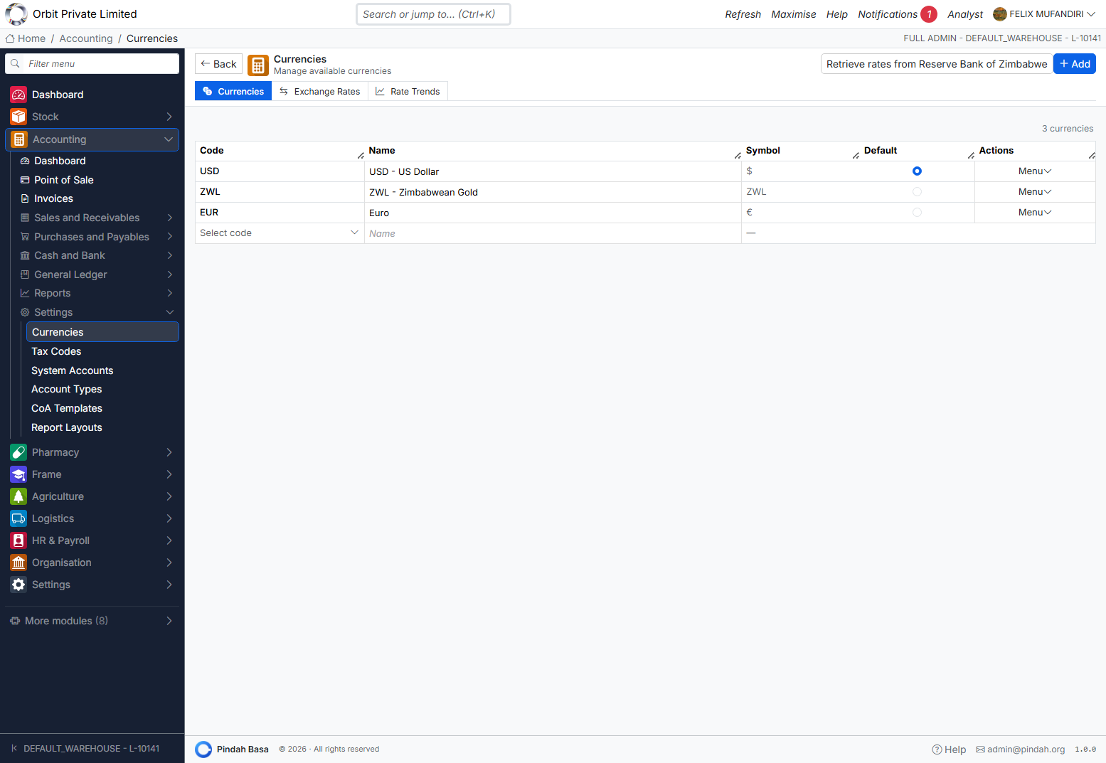 Screenshot: Currencies