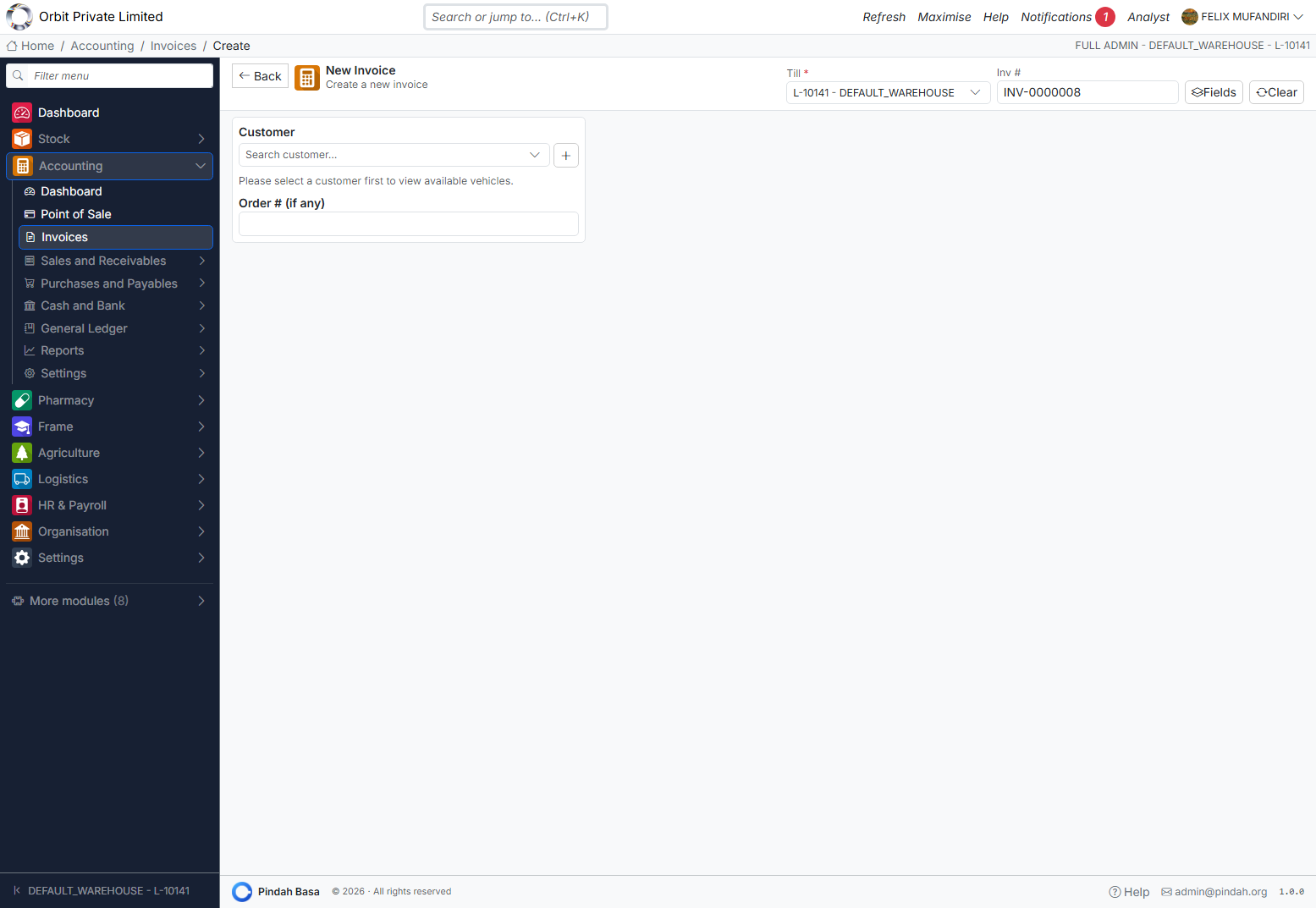 Screenshot: New invoice